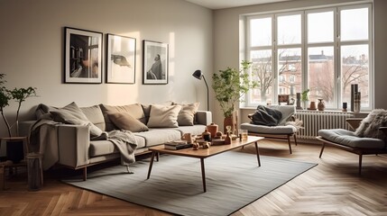 Fototapeta premium Cozy and Welcoming Nordic Inspired Apartment with Soft Textiles and Earth Toned Furniture for a Peaceful and Harmonious Living Space