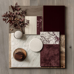 top view of fall material board including the colors maroon white and beige material bord including oak wood, white marble, and maroon velvet sample and wall paing on a tray