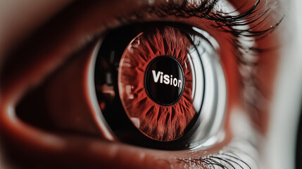 Close-Up Eye with Vision Text Overlay in Red Futuristic Style