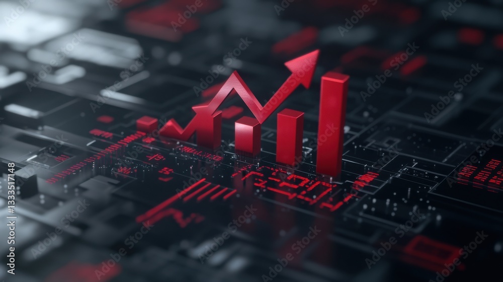 Poster minimalist design of rising red interest rate graph on digital background