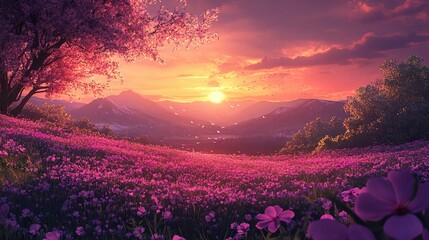 Serene Sunset Over a Meadow Filled with Pink Blossoms and Nature