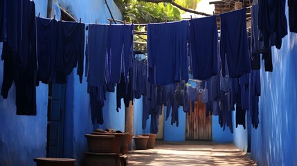 Obraz premium Freshly dyed indigo fabrics hanging to dry in a traditional artisan run textile workshop The process of natural dyeing and handcrafting textiles is showcased in this image of a vibrant