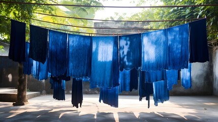 Freshly dyed vibrant indigo fabrics hanging to dry in a traditional artisan textile workshop showcasing the skilled craft of natural dyeing and the preservation of cultural heritage in textile making