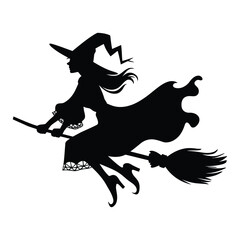 Fototapeta premium Witch on Broomstick Silhouette, Vector, Icon, Logo, White Background.