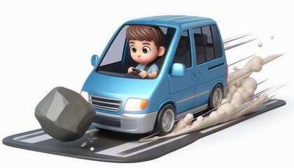 Fototapeta premium Animated car racing away from rock obstacle on road playful scene digital art