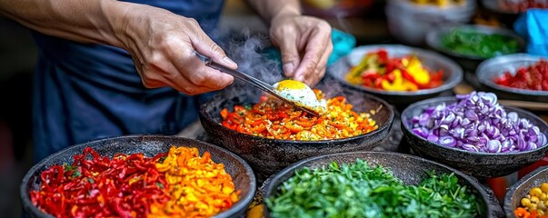 Obraz premium Experience authentic Thai flavors with this vibrant street food scene Watch a skilled chef meticulously prepare a crispy egg dish on a sizzling iron plate, surrounded by an array of colorful and