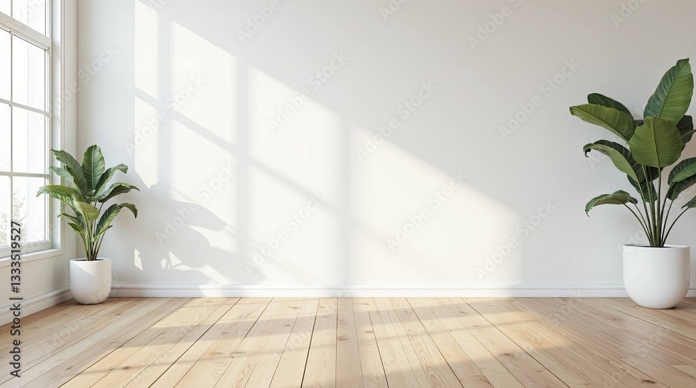 Poster A large empty room with two potted plants on either side of a window