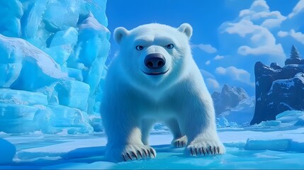 Powerful polar bear standing majestically on a floating ice floe looking curiously at the in a serene Arctic landscape with snow and ice