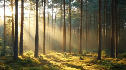 Fototapeta premium Misty Forest Sunrise: Golden Light Filtering Through Pine Trees