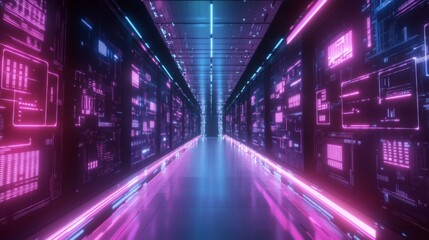 Obraz premium Futuristic Neon Corridor Displays Digital Data Streams