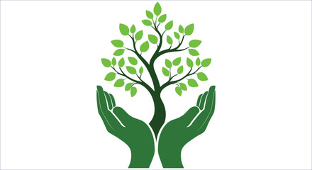 Obraz premium Hands holding tree nature conservation symbol vector. Hand holding green tree vector design. Human hand holding of young sprout of plant. Eco-friendly tree growth in hands environmental protection
