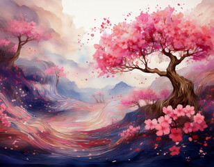 無数の桜のパーティクルが浮遊し消えたり現れたりしながら幾何学的な線や円を描きながら舞う禅の思想を表現した精神世界	