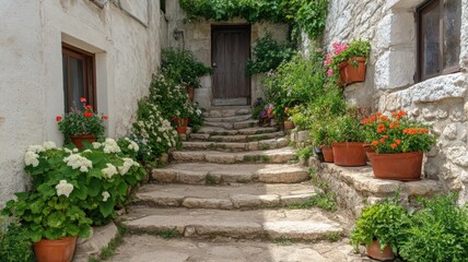 Sunlit Stone Staircase with Colorful Potted Flowers in a Charming Village