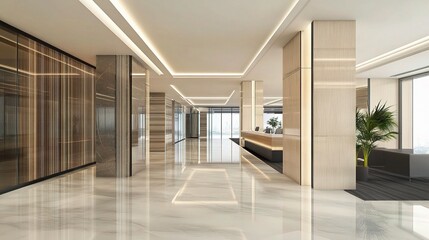 Fototapeta premium Spacious Modern Business Hall with Reflective Floors and Sleek Design