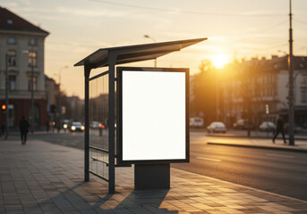 Blank advertisement billboard at a bus stop during sunset, with urban environment and golden sunlight reflections.