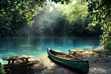 Whimsical Summer Camp by Tranquil Lakeside: Vacant Canoe, Rustic Picnic Tables, and Outdoor Games Amidst a Serene Forest, Bathed in Dreamlike Colors and Surreal Light for Nostalgic Anticipation