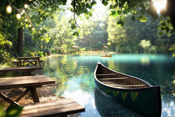 Obraz premium Whimsical Summer Camp by Tranquil Lakeside: Vacant Canoe, Rustic Picnic Tables, and Outdoor Games Amidst a Serene Forest, Bathed in Dreamlike Colors and Surreal Light for Nostalgic Anticipation