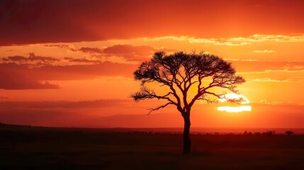 Fototapeta premium Capture the breathtaking beauty of an African sunset with a lone acacia tree silhouetted.