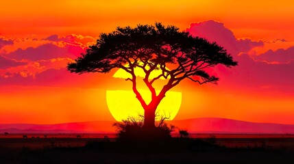 Capture the breathtaking beauty of an African sunset with a lone acacia tree silhouetted.