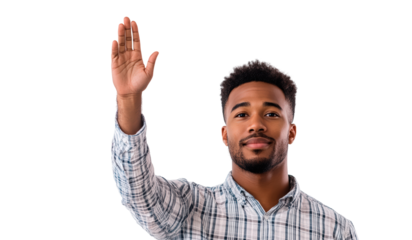 African man raising hand isolated on transparent background