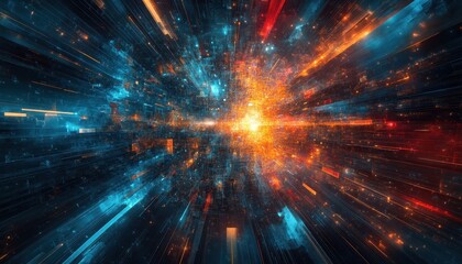 Fototapeta premium Abstract Digital Art Explosion of Glowing Blue Red and Orange Particles