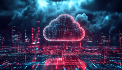 Abstract Digital Cloud over Glowing Cityscape at Night