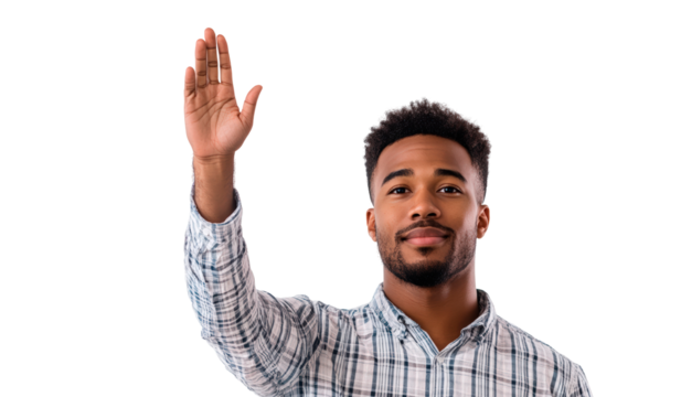 African man raising hand isolated on transparent background