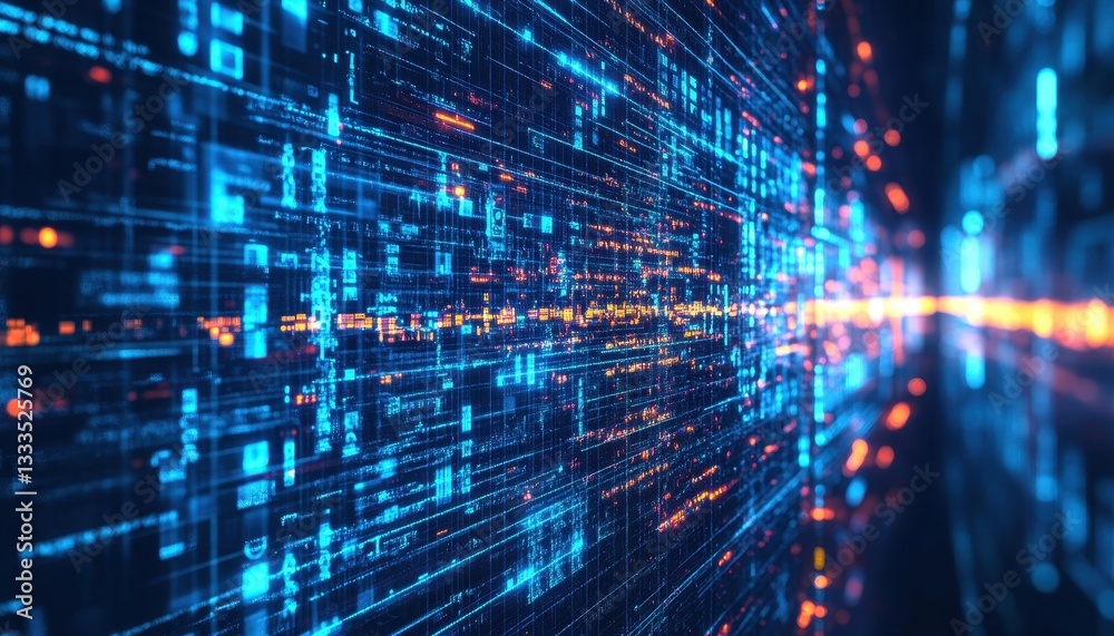 Poster abstract digital data stream with blue and orange glowing lines