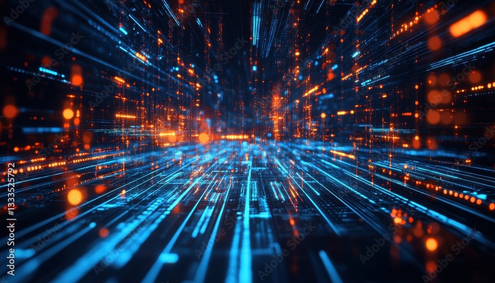 Poster abstract digital data stream with glowing blue and orange lines