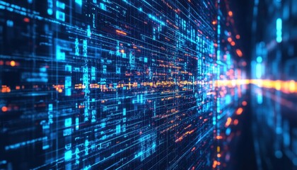 Abstract Digital Data Stream with Blue and Orange Glowing Lines