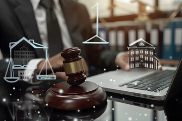 Lawyer with Gavel, Courthouse, Legal Scales using Laptop - Legal Services, Justice and Judgement Concept