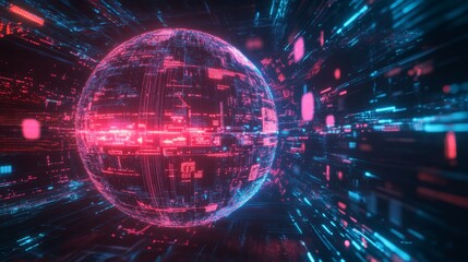 Fototapeta premium A glowing sphere of digital data streams through cyberspace