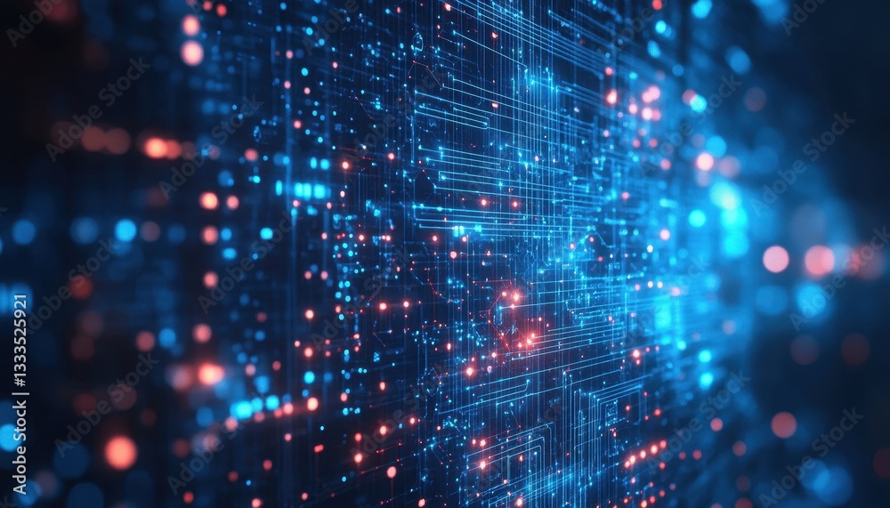 Fototapete abstract digital network data visualization with glowing blue and red particles