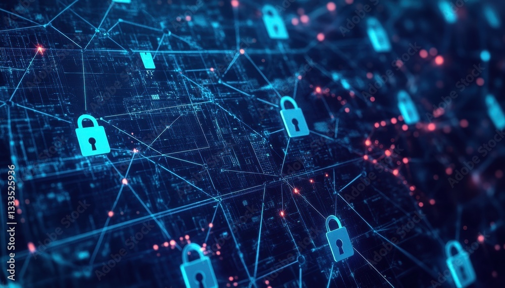 Poster abstract digital network with blue and red lock icons