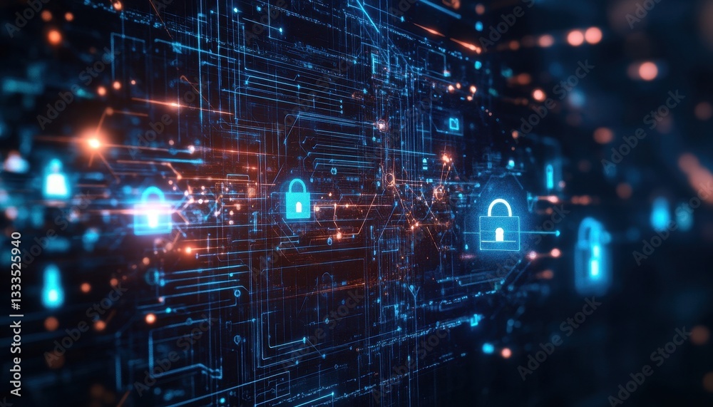Fototapete Abstract Digital Security Network Background with Glowing Padlocks and Data Streams