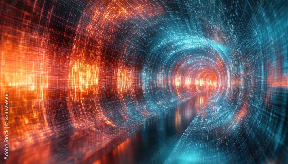 Poster abstract digital tunnel with glowing particles and energy