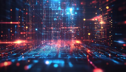 Obraz premium Abstract Digital Network Data Flow Visualization with Glowing Red Blue Particles
