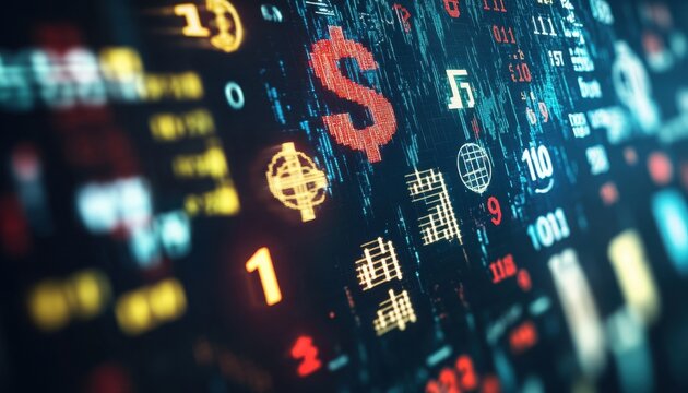 Abstract Digital Stock Market Data Display with Currency Symbols