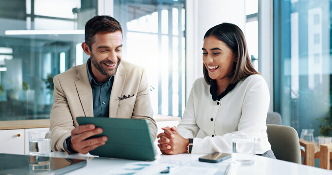 Research, teamwork and people with tablet, business and review of ad campaign performance or media buyer. Collaboration, smile and tech for digital marketing in office, website and happy in meeting - Powered by Adobe