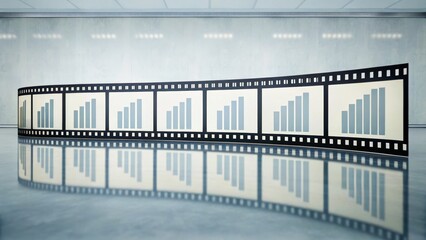 Dynamic Film Strip Displaying Growing Graphs on Abstract Background in Modern Space