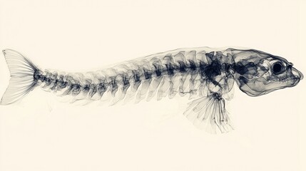 Obraz premium X-ray Image of a Fish Skeleton Exhibiting Detailed Internal Structure and Anatomy