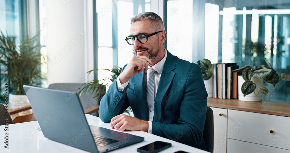 Poster business man, thinking and insight on laptop for problem solving, investment idea or evaluation. com