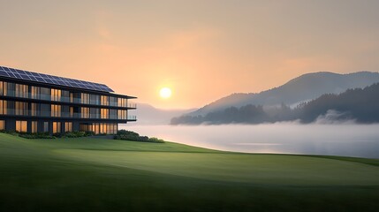 Obraz premium Sunrise Eco-Hotel for Mountain Lake.