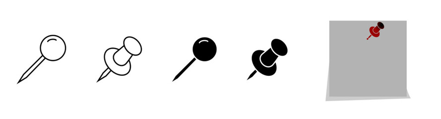 Push pin icon set in black and red color solid outline flat style. social media, Instagram pin icon. needle, pinned, attach, and note symbol. outlined, flat, vector icon, thumbstick, Paperclip.