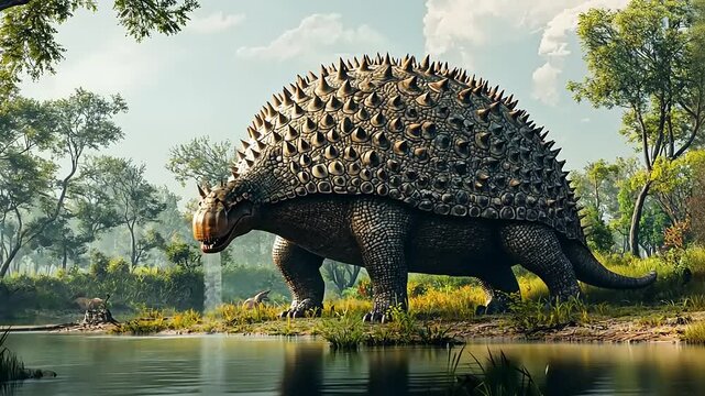 A large, armored Ankylosaurus dinosaur with a spiked shell stands near a tranquil waterside in a forest.