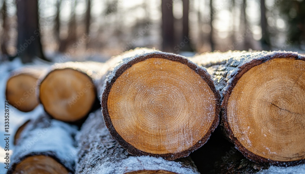 Poster close up of frost covered logs in a snowy forest