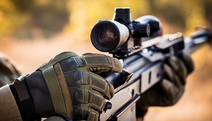 A close up view of the hands wearing tactical gloves holding a sniper rifle; side profile
