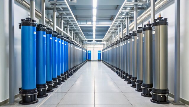 Industrial Water Filtration System with Parallel Columns of Blue and Silver Cylinders