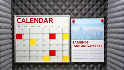 Modern Calendar Display with Earnings Announcements on Grey Acoustical Backdrop