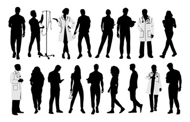Silhouettes of doctors, nurses, paramedics. Different male, female medic workers in uniform scrubs and white coats, with stethoscopes. Vector illustrations isolated on transparent background